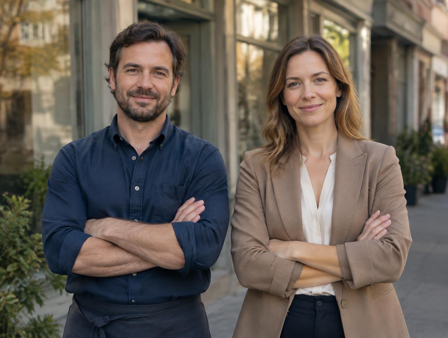 A male business owner and a female business owner standing side by side with their arms crossed